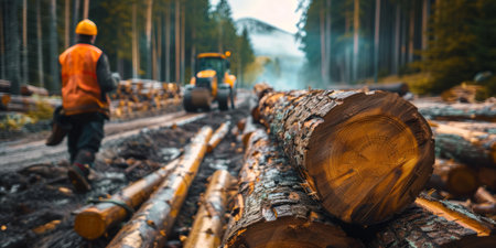 Stack of logs in the forest, felling of treesの素材