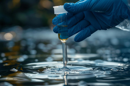 hand of a scientific laboratory assistant takes a water sample in the river.の素材