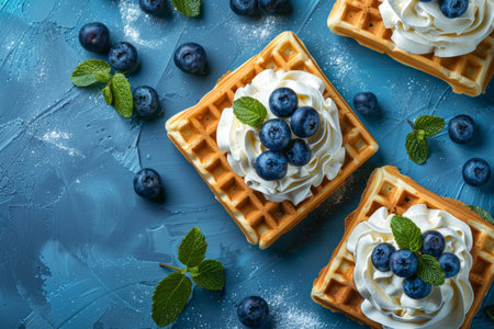 Fresh baked homemade Belgium waffles with berries and ice creamの素材