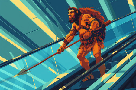 primitive caveman on the steps of an escalator in the subwayの素材