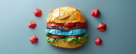 Origami burger made from colored paper, natural fast food conceptの素材