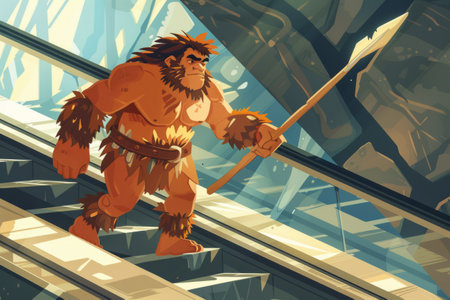 primitive man in the subway on the escalator in drawing styleの素材