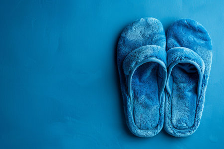 Soft home slippers on a plain background. Copy space for textの素材