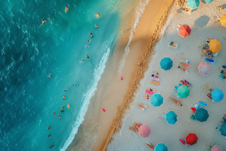 Aerial view of a beach with umbrellasの素材