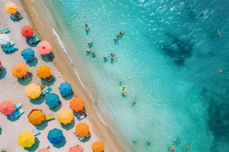 Resort beach with umbrellas with bird's eye viewの素材