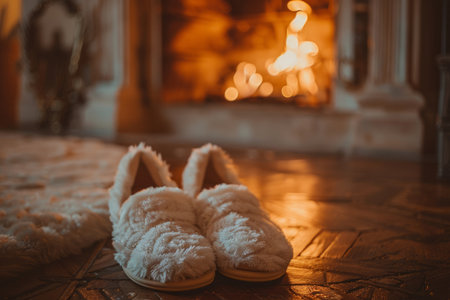Soft slippers on the background of a cozy home interior with a fireplaceの素材