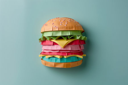 Origami burger made of colored paper on a plain blue backgroundの素材