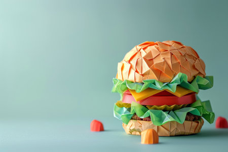 Burger made of colored paper on a blue background. Copy space for textの素材