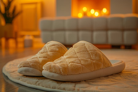 Soft slippers on the background of a cozy home interior with a fireplaceの素材