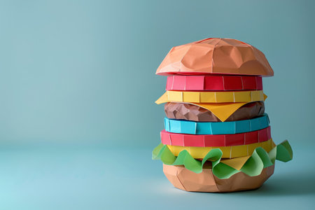 Origami burger made of colored paper on a plain blue background. Copy space for textの素材