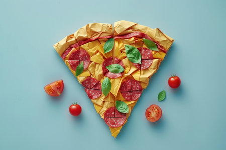 Piece of paper pizza on blue backgroundの素材