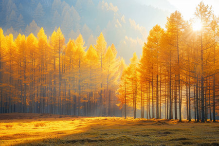 Beautiful landscape autumn forest yellow treesの素材