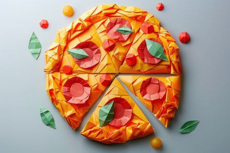 Paper origami pizza on blue backgroundの素材