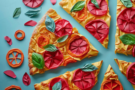 Paper origami pizza on blue backgroundの素材