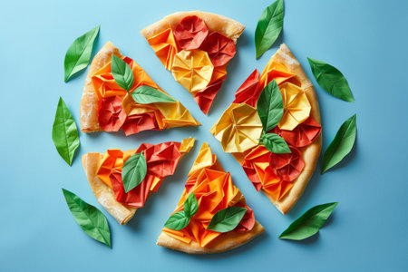 Paper origami pizza on blue backgroundの素材
