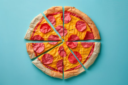 Paper origami pizza on blue backgroundの素材