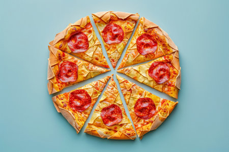 Paper origami pizza on blue backgroundの素材