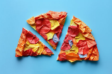 Paper origami pizza on blue backgroundの素材