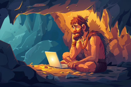 Cartoon primitive man in a cave working on a laptopの素材