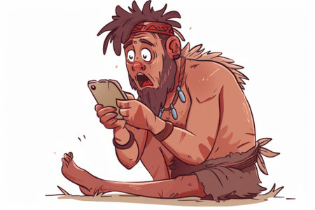 Shocked primitive man and smartphone, technology gadget development conceptの素材