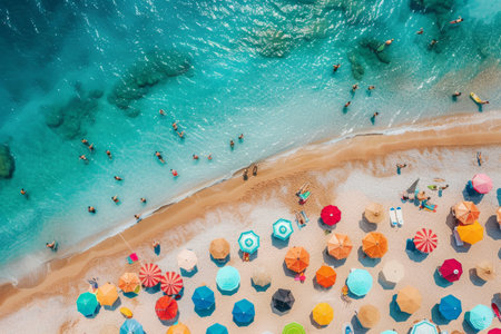 Aerial view of a beach with umbrellasの素材
