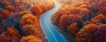 Aerial view of autumn forest roadの素材