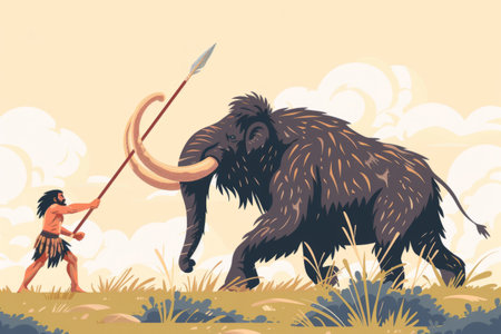 primitive caveman with a spear fights with a mammothの素材