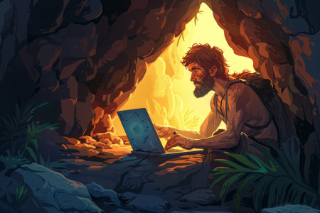 Cartoon primitive man in a cave working on a laptopの素材