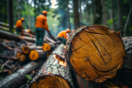 Wood harvesting, stack of logs in the forestの素材