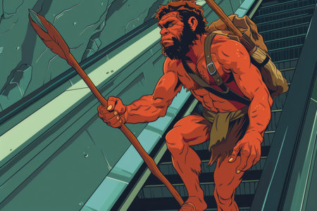 primitive man in the subway on the escalator in drawing styleの素材