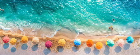 Resort beach with umbrellas with bird's eye viewの素材