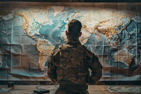 Military officer near the strategic map organizing a missionの素材