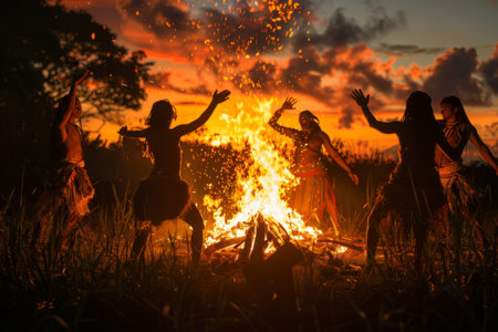 cavemen dance around the fire ritualの素材