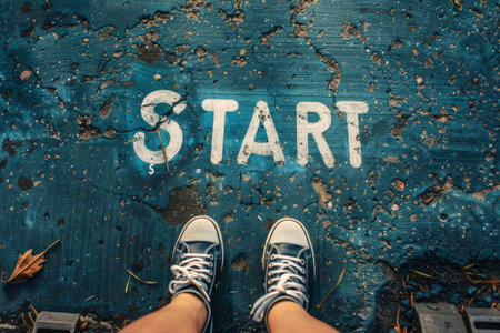 feet on the road in front of the word start, goal achievement conceptの素材