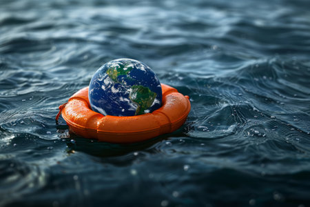 Planet earth globe in a lifebuoy in the ocean, environment saving conceptの素材
