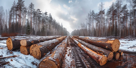 Sawed fallen trees logs in the forestの素材