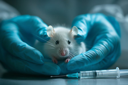 White mouse in the hands of a laboratory assistant in the laboratoryの素材