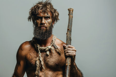 caveman, primitive man with spear stickの素材