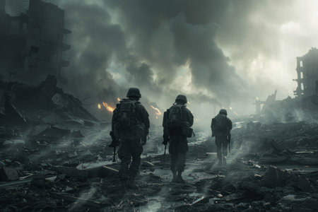 group of soldiers in a destroyed cityの素材