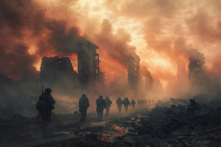 group of soldiers in a destroyed cityの素材