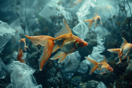 Tropical fish swim in the ocean in plastic bags, water pollution conceptの素材