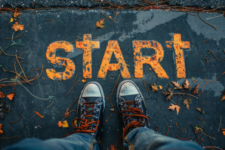feet on the road in front of the word start, goal achievement conceptの素材