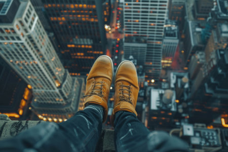 foot standing on the edge of a skyscraper roof, risk conceptの素材