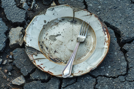 Empty dirty plate on cracked ground, symbol of hungerの素材