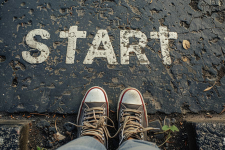 Feet in sneakers on the road at the startの素材