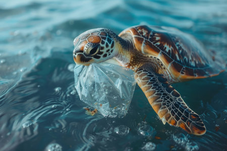 Turtle and plastic bag, ocean pollution environmental problemの素材