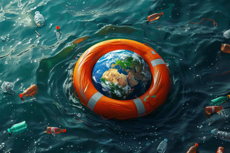 Planet earth globe in a lifebuoy in dirty water, environmental pollution conceptの素材