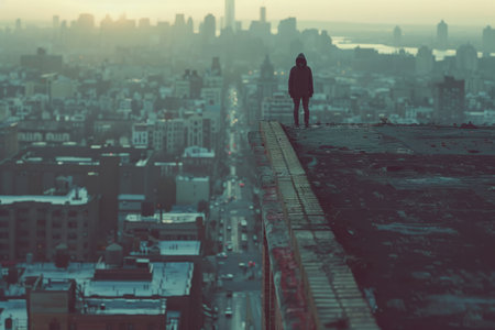 Depressed person on roof planning suicideの素材