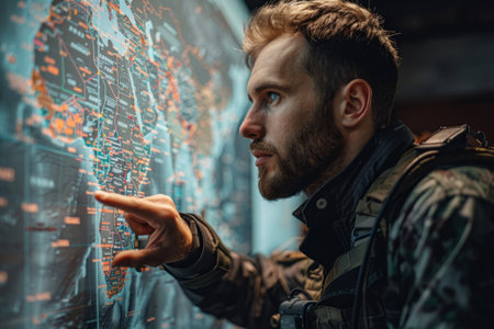 Military officer near the strategic map organizing a missionの素材