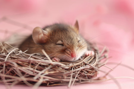 Mouse sleeping in nest on a pink backgroundの素材